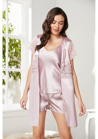 Resim Pierre Cardin Pudra Saten Dantelli 3'lü Kadın Sabahlık-şort Takım 2480 Pudra 