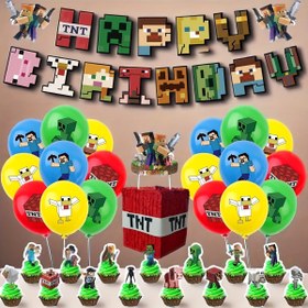 Resim Kare Tabanlı Oyun Doğum Günü Partisi Dekorasyon Seti - Pixel Savaş Afişleri, Balonlar ve Masa Örtüsü 