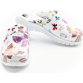 Resim Kelebek Desenli Comfortflex Taban Hakiki Deri Bayan Sabo Terlik Beyaz 