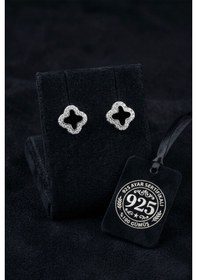 Resim 925 Ayar Zirkon Taşlı Siyah Mineli Yonca Motifli Gümüş Çivili Küpe 