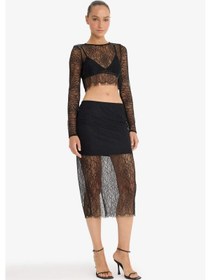 Resim DeFacto Slim Fit Dar Kesim Astarlı Midi Dantelli Etek E0465AX24AUBK81 Siyah 