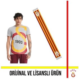 Resim Galatasaray Lisanslı Büyük Logolu Gri T-shirt Ve Çubuklu Şal Atkı Gri 