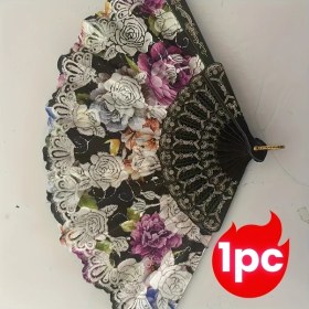 Resim Dashanshop Siyah Çin Tarzı Çiçekli Dantel Nakışlı Yelpaze, Vintage Sahne Aksesuarı, Parti Dekorasyonu 