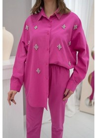 Resim Defymoda Fuşya Klasik Taşlı Keten Takım Takım Fuşya 