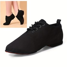 Resim Kalınlaştırılmış Yumuşak PU Tabanlı Kadın Bale Dans Ayakkabıları - Siyah Kanvas Üst, Yuvarlak Burun ve Elastik Kenarlar ile Caz, Etnik ve Göbek Dansı Pratiği için - Tüm Sezonluk Konfor, Nefes Alabilir Kumaş Astar, Şık Dans Spor Ayakkabıları | Yuvarlak Burunlu Ayakkabılar | Dayanıklı PU Taban, Bale Ayakkabıları 