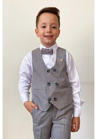 Resim Erkek Çocuk Takım Elbise Papyonlu Yelekli Takım Elbise Gri 