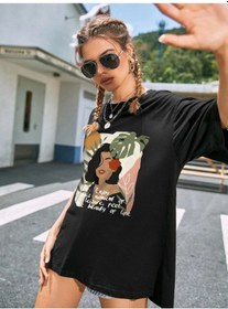 Resim Kadın Oversize Female Figure Baskılı Siyah T-shirt. Siyah 