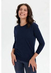 Resim Desen Triko Kadın Sıfır Yaka Yanı Yırtmaçlı Kazak 24358 Koyu Lacivert Koyu Lacivert 