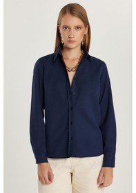 Resim Tudors Kadın Slim Fit Dar Kesim Uzun Kollu Pamuklu Vücuda Oturan Dokulu Lacivert Basic Gömlek-35319 Lacivert 