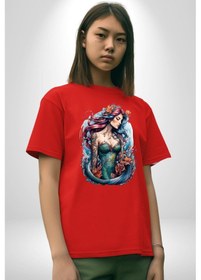 Resim Deniz Kızı Çiçek Pamuklu Bisiklet Yaka Unisex Oversize Boyfriend Dijital Baskılı Kırmızı T-shirt Kırmızı 