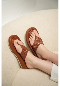 Resim Camille Parmak Arası Örgü Detaylı Kadın Terlik Taba 