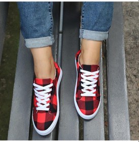 Resim Ramidos Kadın Moda Günlük Ekose Bağcıklı Düz Kumaş Ayakkabı Kırmızı 