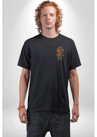 Resim Voofoo Bebeği Doll Doldurulmuş Bebek Siyah Oversize Unisex Ön Sol Yan Minimal Baskılı Tişört Koyu Siyah 
