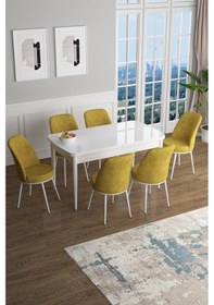 Resim Canisa Han Serisi, Beyaz 70x114 Açılabilir Mdf Mutfak Masa Takımı, 6 Hardal Sandalye Masa Beyaz Sandalyeler Hardal Sarısı 