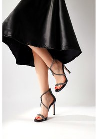 Resim Linde Siyah Rugan Taşlı Bantı İnce Topuklu Ayakkabı 001 