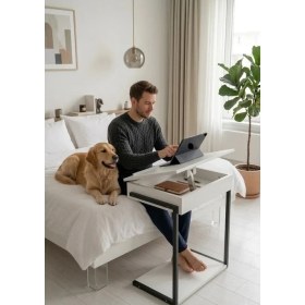 Resim Maison Linden C Sehpa Tekerlekli Laptop Sehpası 50X34 cm Yükseklik 65 cm Açılır Kapaklı Orta ve Yan Sehpa 