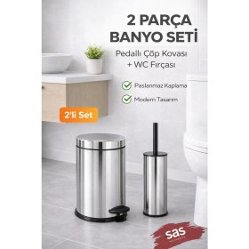 Resim Sas Haus Pedallı 8 Lt Paslanmaz Metal Çöp Kovası ve Tuvalet Fırçası, 2’li Banyo ve Wc Seti - Krom Titan 7108 