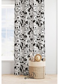 Resim Siyah Köpekler Desenli Fon Perde Çocuk Ve Bebek Odası Süet Dijital Baskılı Ekstrafor Büzgü Tek Kanat Çok Renkli 