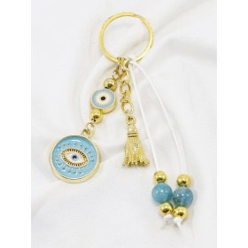 Resim El Yapımı Turkuaz Doğal Taşlı Püsküllü Göz Figürlü Araba Dikiz Ayna Süsü, Hediyelik Çanta Süsü 