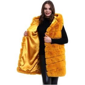 Resim Tarzyeri Kadın Kapüşonlu Peluş Kürk Yelek Premium Kalite Tam Astarlı Uzun Model - Sarı beyaz 
