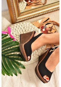 Resim Fox Shoes Siyah Keten Dolgu Topuklu Kadın Ayakkabı K674040705 