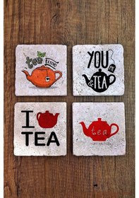 Resim Doğal Taş Bardak Altlığı 10x10x1cm 4'lü Set - Çay Temalı Baskılı Stone Coasters Çok Renkli 
