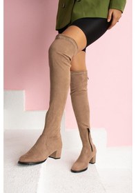 Resim Shoetek Karissa Kadın Çizme Fermuarlı Kalın Topuklu Streçli Vizon Süet Vizon Süet 