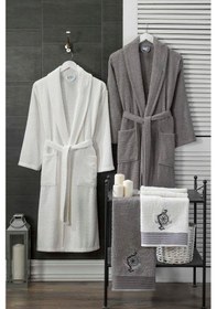 Resim 4lü Bornoz - Nakışlı Havlu Seti Cora Antrasit - Erkek Krem S/m Antrasit- Krem Erkek 