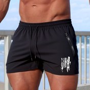 Resim Erkekler için Lacivert Atletik Şortlar Fermuarlı Cepli - Yüzme, Plaj ve Spor İçin Nefes Alabilir Ağ Astarı ile Hızlı Kuruyan Kumaş - Şık "Spor" Baskılı Tasarım 