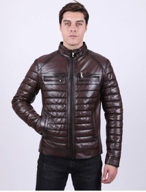 Resim New Zaya Leather Erkek Şişme Deri Ceket Hakiki Deri Kahverengi 