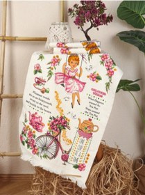 Resim Saçaklı Mutfak Havlusu Modeli Baskılı Kadife Mutfak Havlusu 3lü Bisikletli Kız 