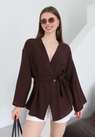 Resim Laluvia Kahverengi Düğme Detaylı Kemerli Kimono - 005 