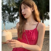 Resim Kadınlar için Yazlık Kolsuz A Kesim Camisole Elbise - Ejder Meyvesi Pembe Ekose Orta Boy, Makinede Yıkanabilir Yuvarlak Yaka Rahat Plaj Giysisi, Konforlu Moda 