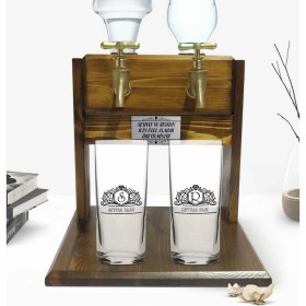 Resim BK Kişiye Özel Renkli Baskılı Isimli Ikili Rakı Bardağı ve Çift Musluklu Doğal Ahşap Rakı Standı-13 
