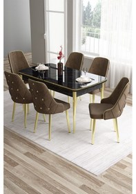 Resim Canisa Tia Serisi 80x132 Açılabilir Siyah Mermer Desen Gold Detay Masa Takımı Ve 6 Kahverengi Sandalye Masa Siyah Mermer Desen Sandalye Kahve 