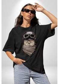 Resim Kasket Bandana Motorcu Kedi Pamuklu Bisiklet Yaka Unisex Oversize Boyfriend Dijital Baskılı Siyah T-shirt Siyah 