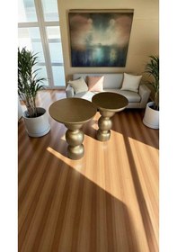 Resim Altın Varak Renk Ahşap Mantar Sehpa 2 Li Set Doğal Yan Sehpa Takımı Altın 