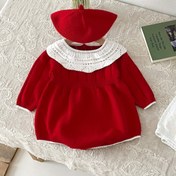 Resim Kızlar İçin Rahat Örgü Uzun Kollu Bodysuit - Yumuşak Kırmızı Fırfırlı Yakalı ve Manşetli, Sonbahar/Kış Dış Mekan Oyunları & Noel Kutlamaları İçin Mükemmel, Bebek Kız Kıyafeti, Noel Bebek Kız Giysileri, Bayramlık Bebek Giyim, Dış Mekan için Yumuşak Örgü 
