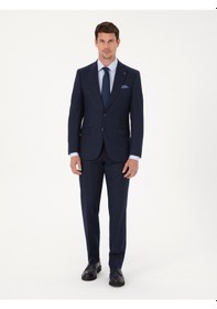 Resim Cacharel Lacivert Slim Fit Çizgili Kırlangıç Yaka Takım Elbise 