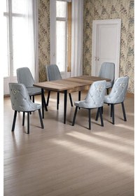 Resim Sonata Ceviz 80 X 132 Açılabilen Sunta Masa Siyah Metal Ayaklı Mutfak Masası Takımı 6 Gri Sandalye Gri 