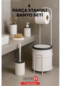 Resim Decorev 6 Parça Standlı Banyo Seti 7 Litre Çöp Kovası, Tuvalet Kağıtlığı, Sabunluk, Fırçalık Banyo Takımı Beyaz - Gri 