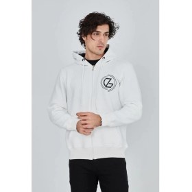 Resim Marsilyan Erkek 3 Iplik Pamuklu Fermuarlı Kapüşonlu Kanguru Cepli Baskılı Hoodie Hırka Sweatshirt - Beyaz 