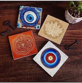 Resim Nazar, Lotus Çiçeği, Sri Yantra Taş Bardak Altlığı Seti - 4 Parça - Dekoratif, Rustik Mutfak Aksesuarı, 10x10 cm, Kaydırmaz Tabanlı, Şık ve Dayanıklı SC386 
