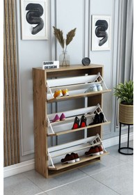 Resim 3 Raflı Ayakkabılık Düşer Kapak Kayar Kapak Vestiyer Portmanto Katlı Bölmeli Kapı Önü Modern Atlantik Çam 