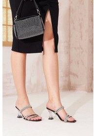 Resim Kadın Abiye Ayakkabı Siyah Taş Detaylı Şeffaf 7cm Topuklu Tam Kalıp Siyah 