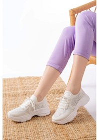 Resim 3002 Beyaz Bağcıklı Fileli Taş Aksesuarlı Günlük Spor Ayakkabı Beyaz 