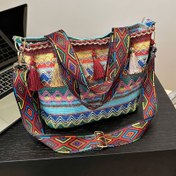 Resim Boho Chic Dokuma Püskül Kova Çanta - Canlı Geometrik Nakış, Ayarlanabilir Geniş Askı, Hafif & Kadınlar için Omuz Çantası - Günlük Kullanım İçin Mükemmel, Retro Bohem Tarzı, Elde Yıkama veya Kuru Temizleme, Polyester Malzeme, Karışık Renkler 