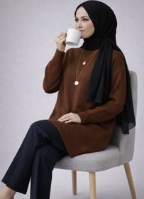Resim ModaAzen Kahverengi Bisiklet Yaka Oversize Kadın Triko Tunik 