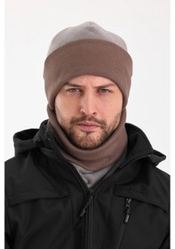 Resim Hünkar Sytle, Çift Renk Çift Kat Katlanabilir Yumuşak Erkek Bere Boyunluk Takım - Standart / Gri-kahverengi Gri-kahverengi 