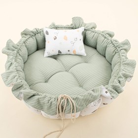 Resim Yuvarlak Babynest ve Yastık - Çift Taraflı - Mint Örgü - Kuş 